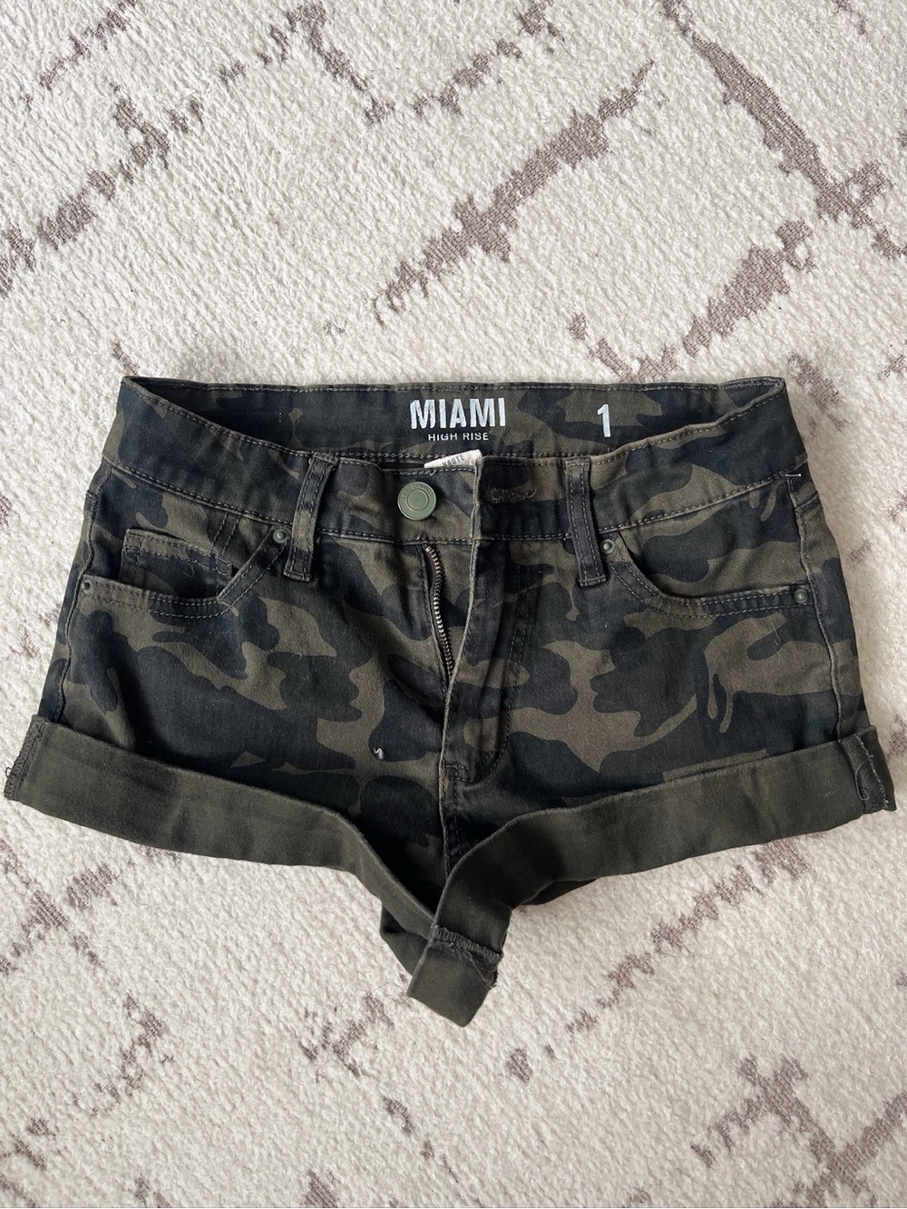 Camo High-Rise Denim Shorts